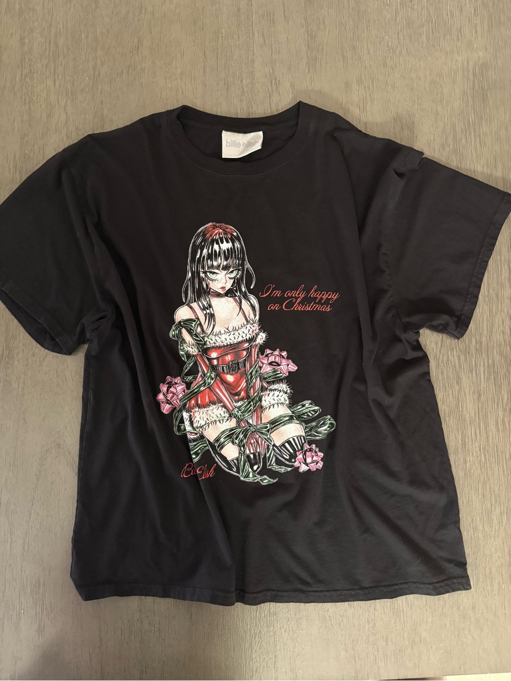 Billie Eilish Black Graphic Short Sleeve Tee — I’m only happy on Christmas